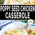 top photo is a spoonful of poppy seed chicken and bottom is a casserole dish of poppy seed chicken