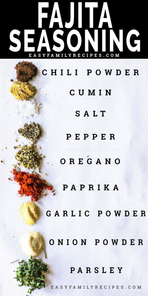Ingredients for homemade fajita seasoning on parchment paper including chili powder, cumin, salt, pepper, oregano, paprika, garlic powder, and parsley