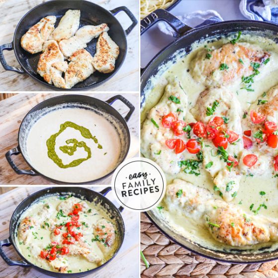 Steps for making chicken with pesto cream sauce