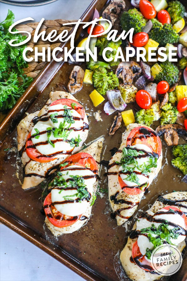 Caprese Chicken drizzled with Balsamic glaze on a Sheet Pan 