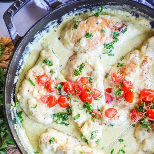 Creamy Pesto Chicken in a skillet