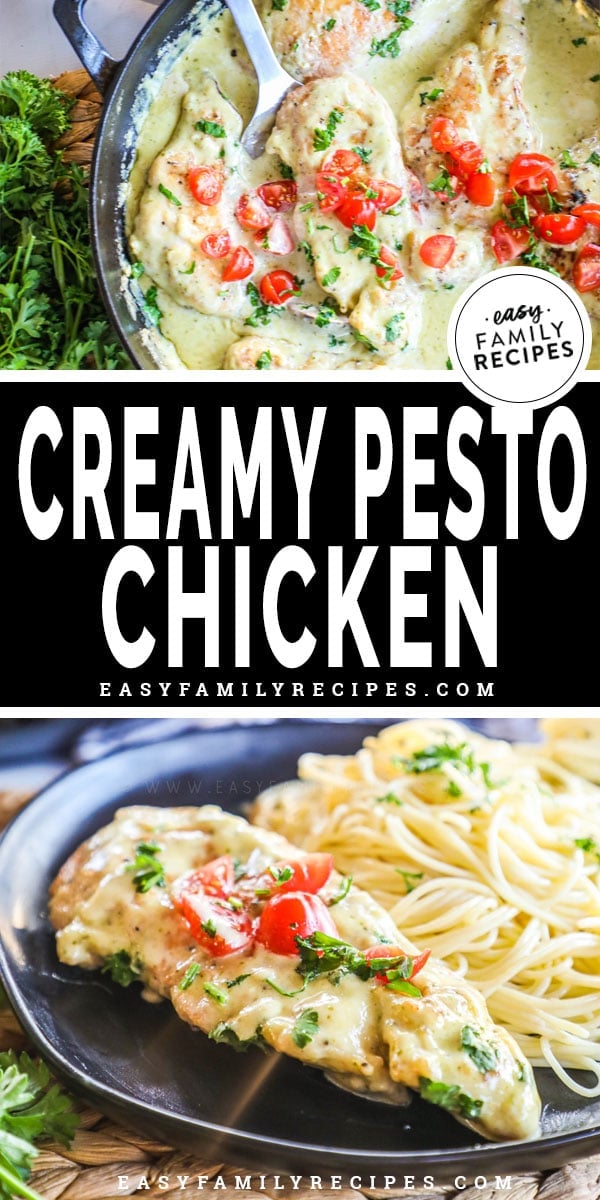 Creamy Pesto Chicken ini a skillet and on a plate