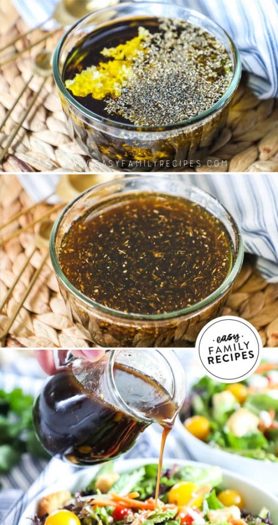 Process photos for how to make homemade balsamic vinaigrette