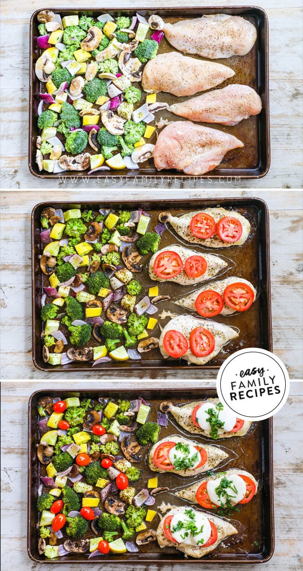 Process photos for how to make Sheet Pan Chicken Caprese