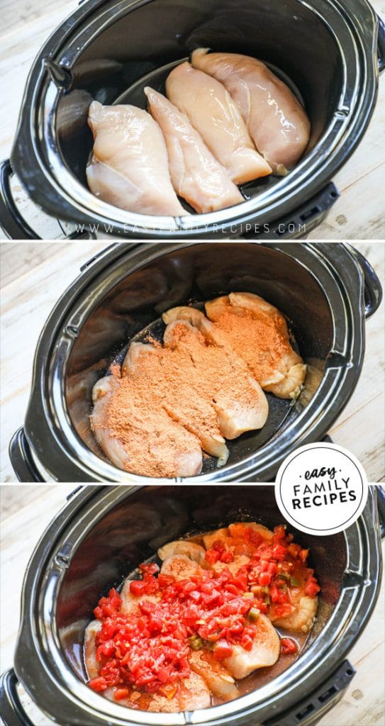 process photos for how to make crockpot chicken tacos