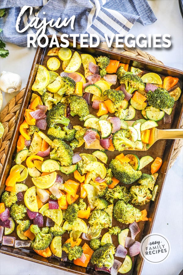 Oven Roasted Vegetables with Cajun seasoning on a baking sheet fresh out of the oven