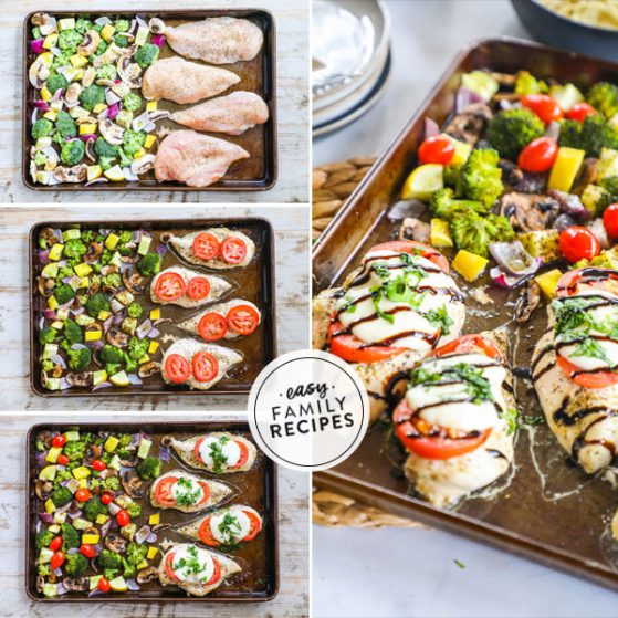 Steps for making Caprese Chicken dinner on a sheet pan