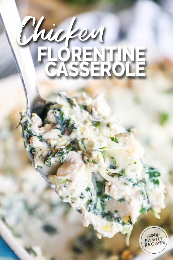 Giant scoop of Chicken Florentine Casserole on a serving spoon