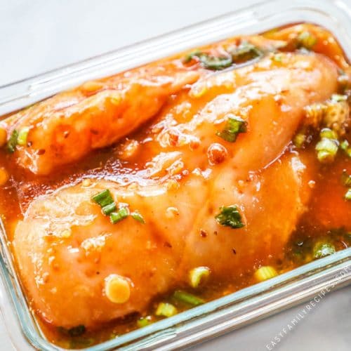 Teriyaki Chicken marinating in a glass dish