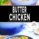 Indian Butter Chicken in a pot, and then served on a plate with rice.