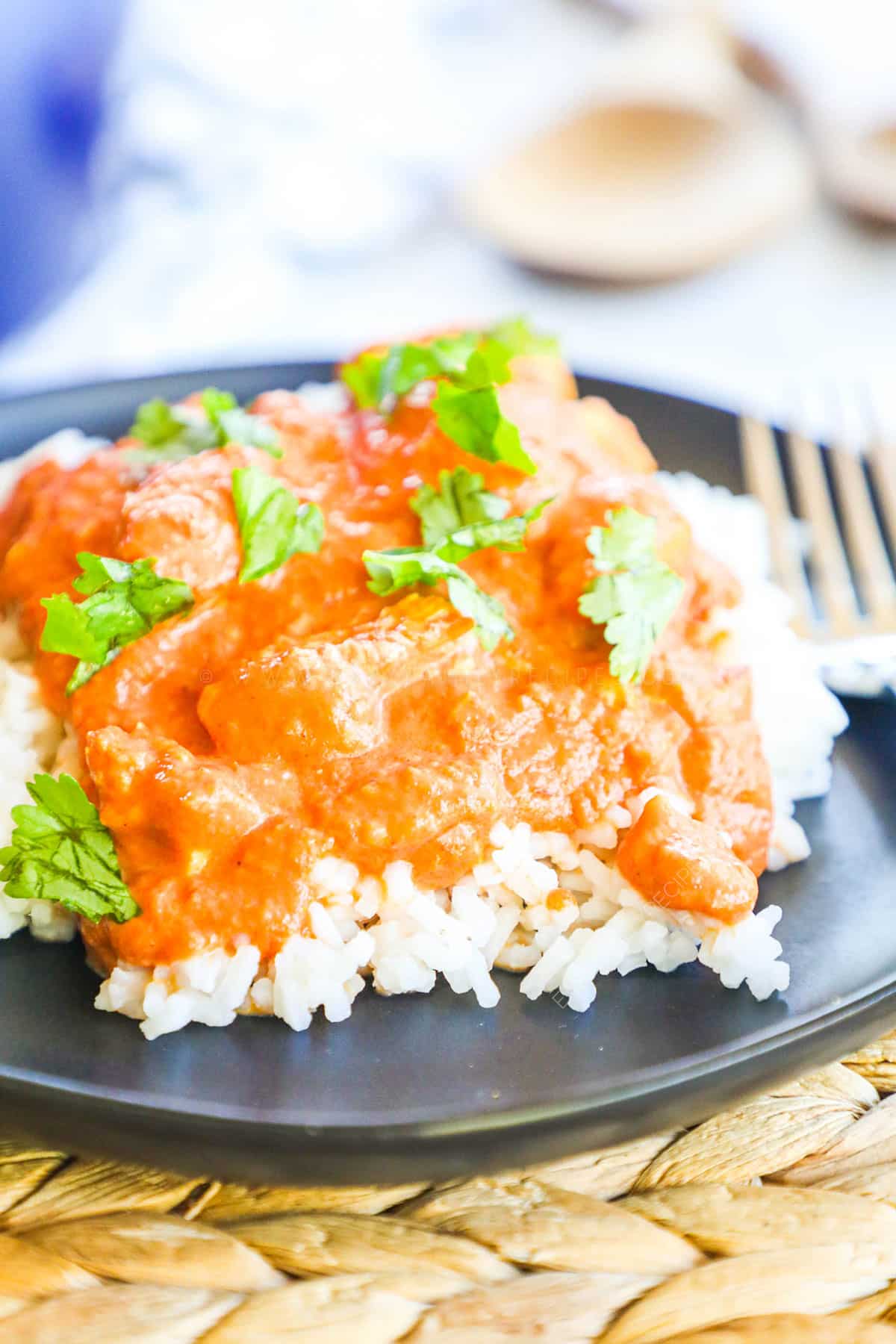 Easy Butter Chicken recipe prepared an served on a plate with rice.