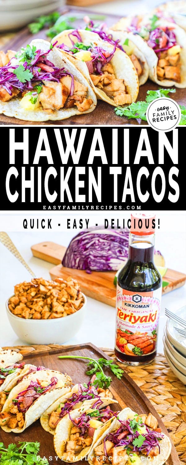 Hawaiian Chicken tacos on a board with teriyaki sauce in the background