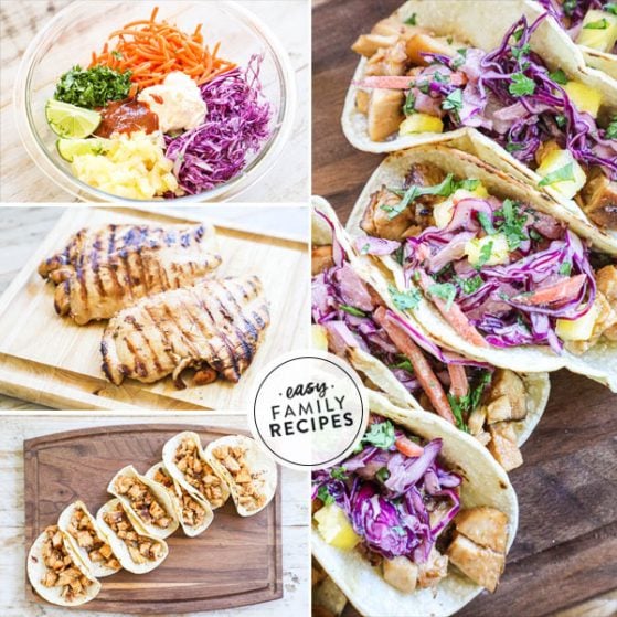 Collage of steps to make grilled Hawaiian chicken tacos