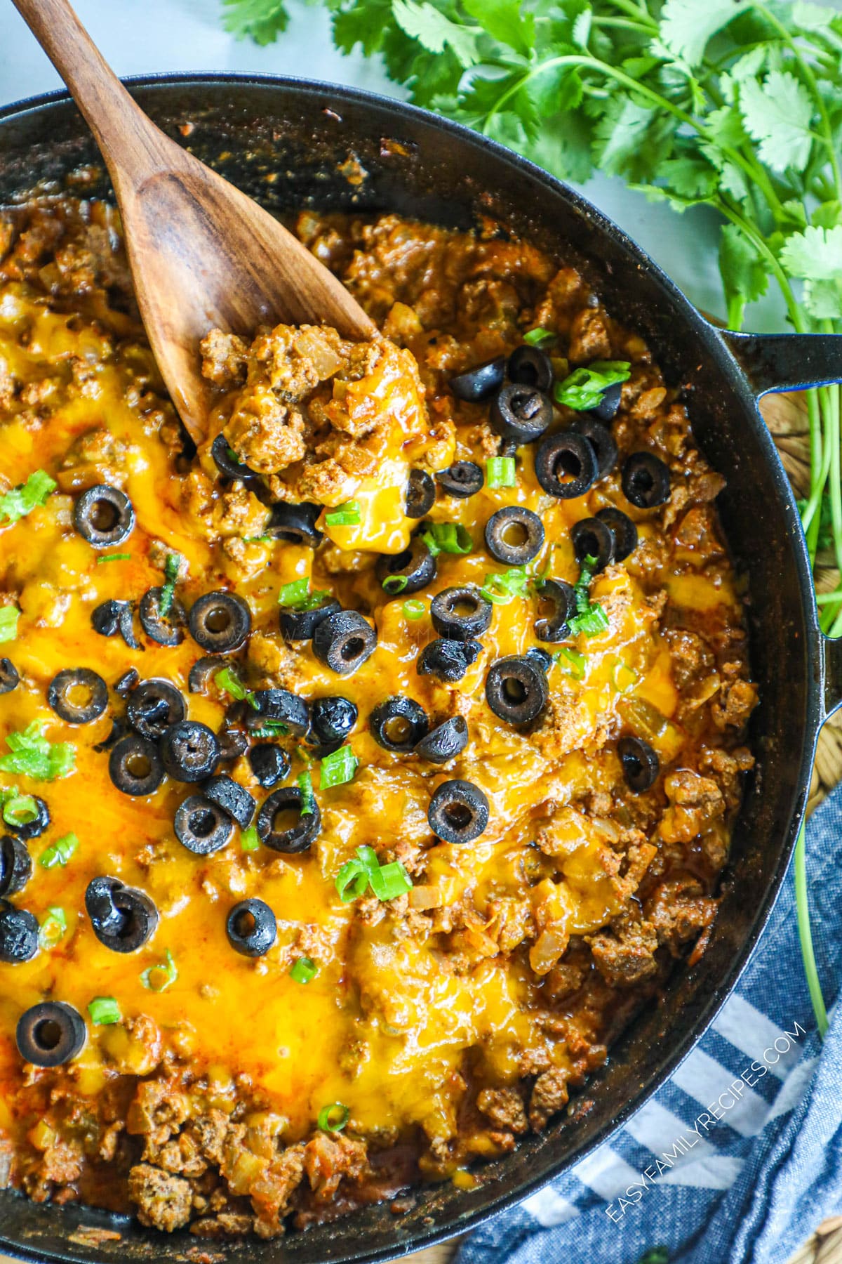 Close up of Cheesy Beef enchilada skillet 