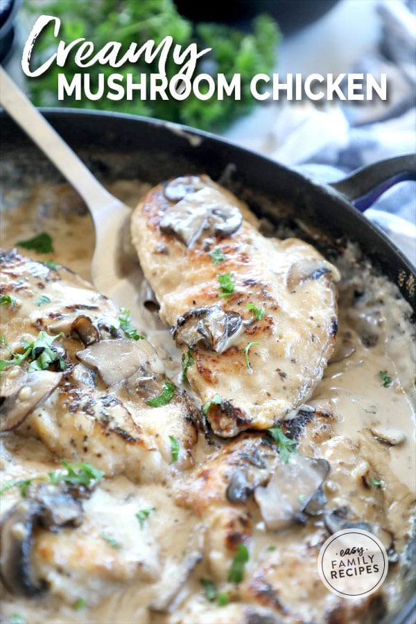 Spatula lifting chicken breast out of creamy mushroom sauce