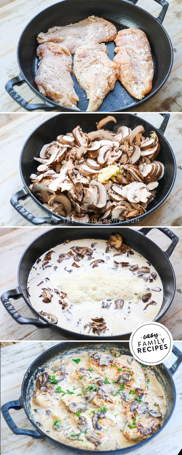 Process photos for how to make Chicken with Mushroom Cream Sauce in a skillet