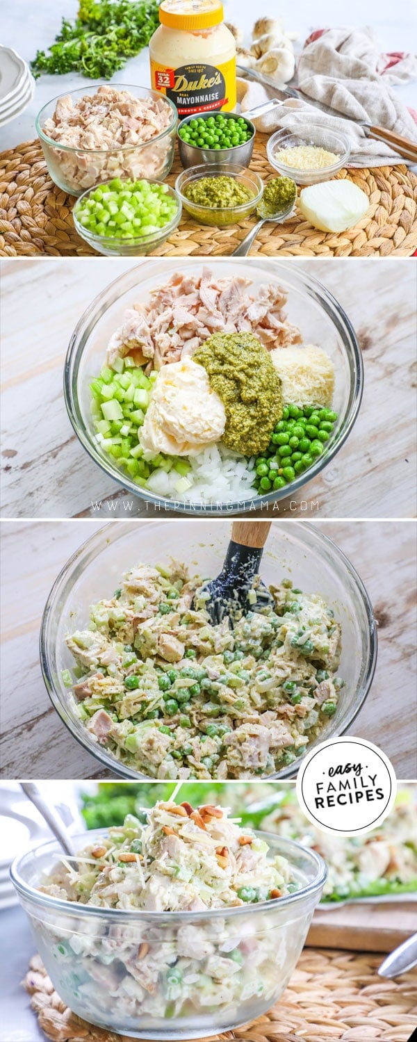 Process photos for how to make pesto chicken salad
