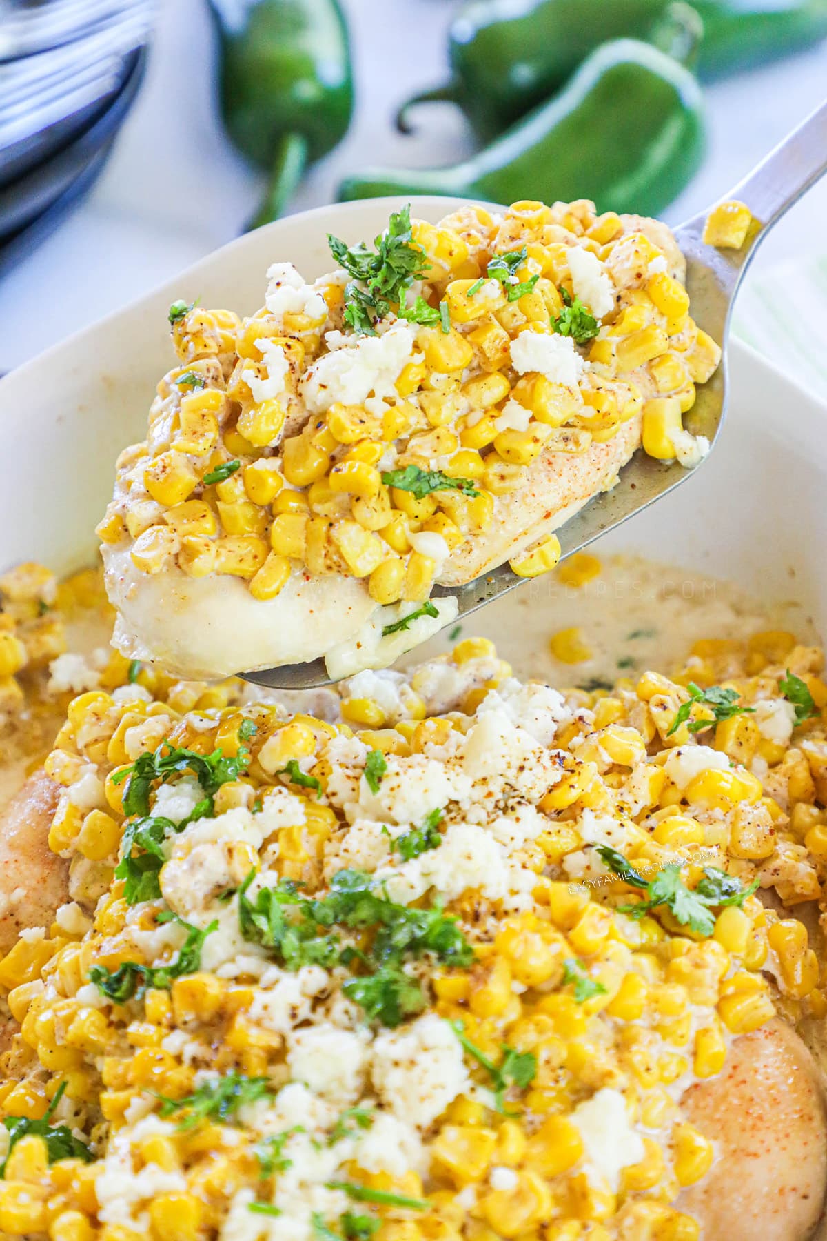 Baked Mexican Street Corn Chicken ready to eat.