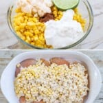 Process photos for how to make mexican street corn chicken.