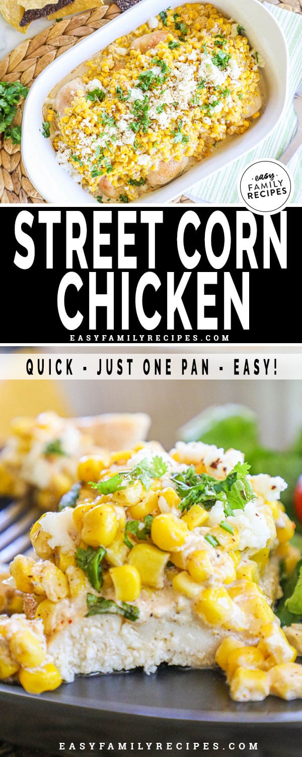 Mexican Street Corn Chicken on a plate with a bite cut out.
