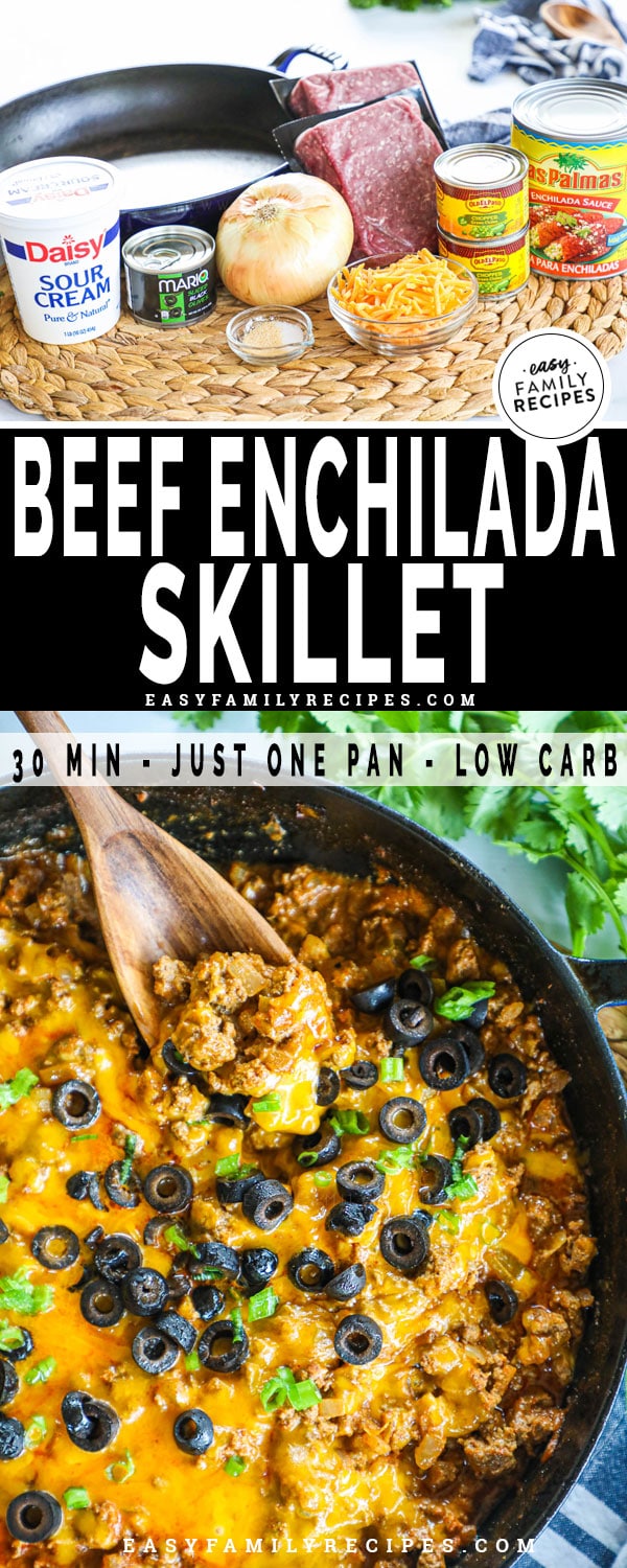 Beef enchilada skillet ingredients including ground beef, onion, enchilada sauce, sour cream and cheese