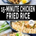 Ingredients for Chicken Fried Rice in a skillet including rice, mixed vegetables, onions, garlic, and rotisserie chicken Bottom is a bowl of finished chicken fried rice