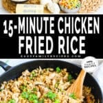 Ingredients for Chicken Fried Rice in a skillet including rice, mixed vegetables, onions, garlic, and rotisserie chicken