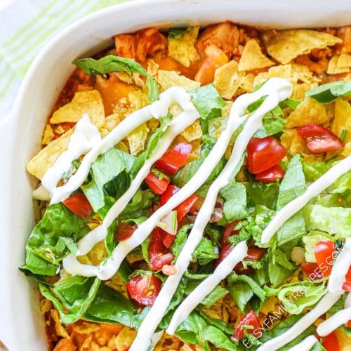 Close up of Chicken Taco Casserole Recipe in casserole dish