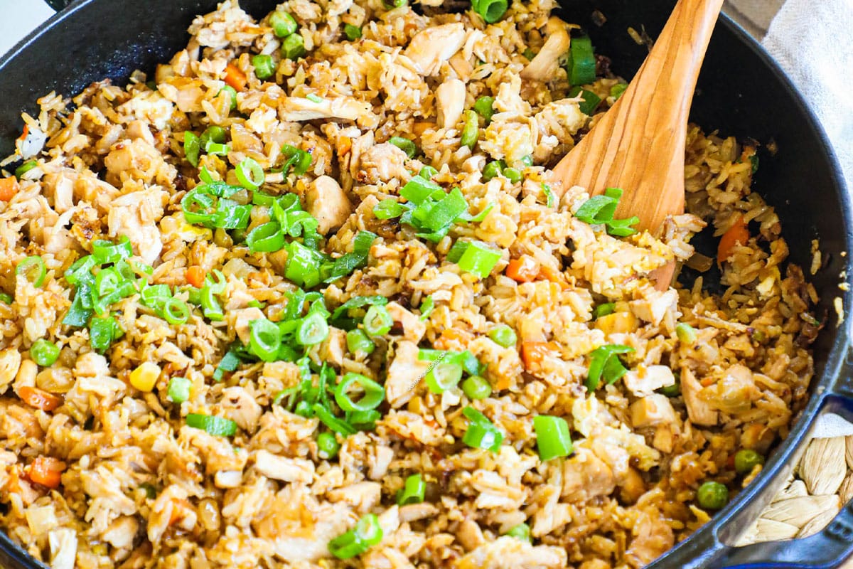 Chicken Fried Rice being lifted on a spatula