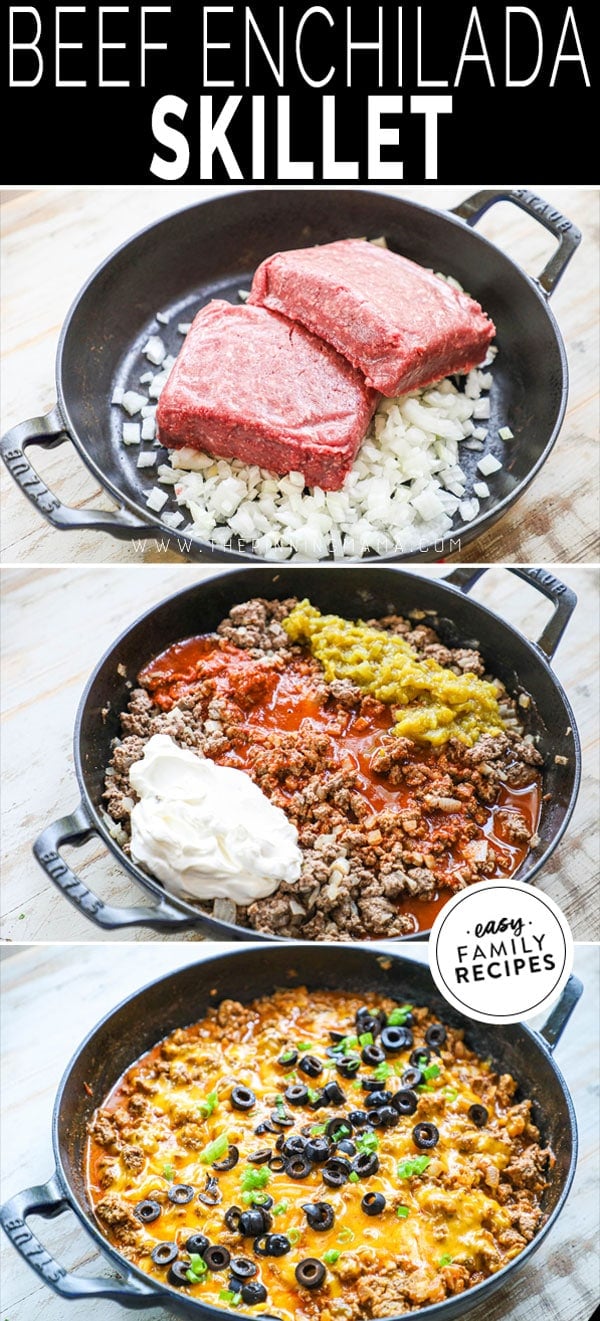 Process photos for how to make ground beef enchilada skillet