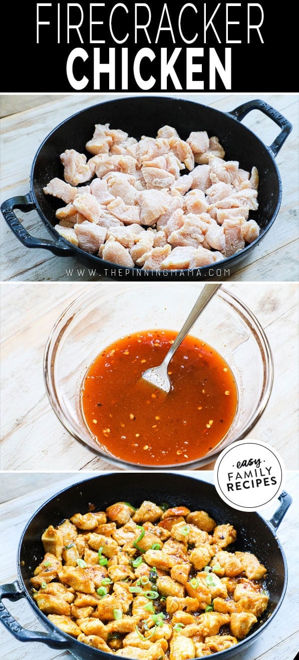 Process photos of how to make firecracker chicken