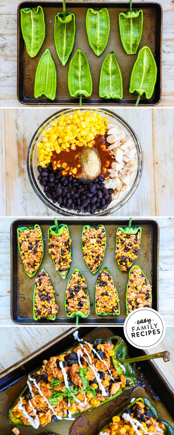 Process photos for how to make easy chicken stuffed poblano pepppers