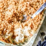 Creamy Chicken rice casserole with crispy ritz cracker topping close up.