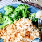 Dinner plate with chicken rice casserole and broccoli.
