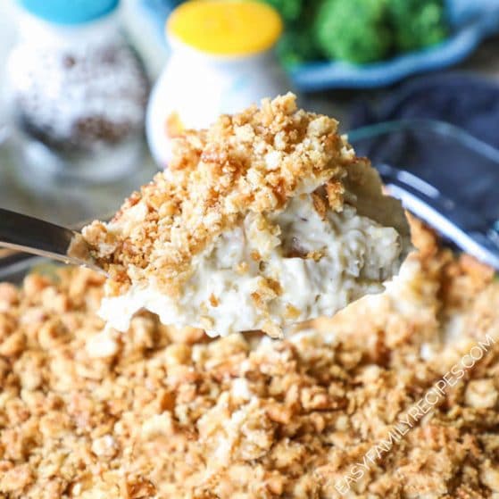Creamy chicken rice casserole topped with buttery ritz crackers