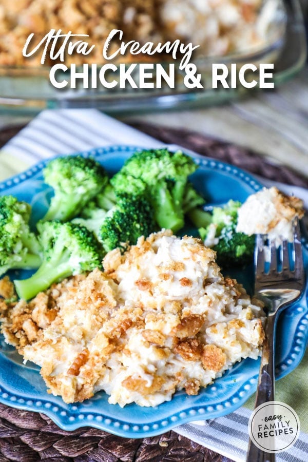 Creamy chicken and rice casserole served with broccoli on a plate