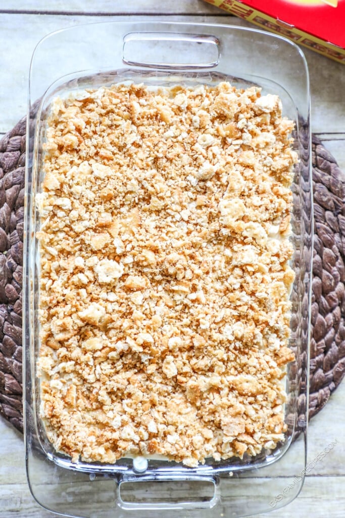 How to make chicken rice casserole step 4: Add crushed ritz crackers tossed in butter to the top of the casserole.