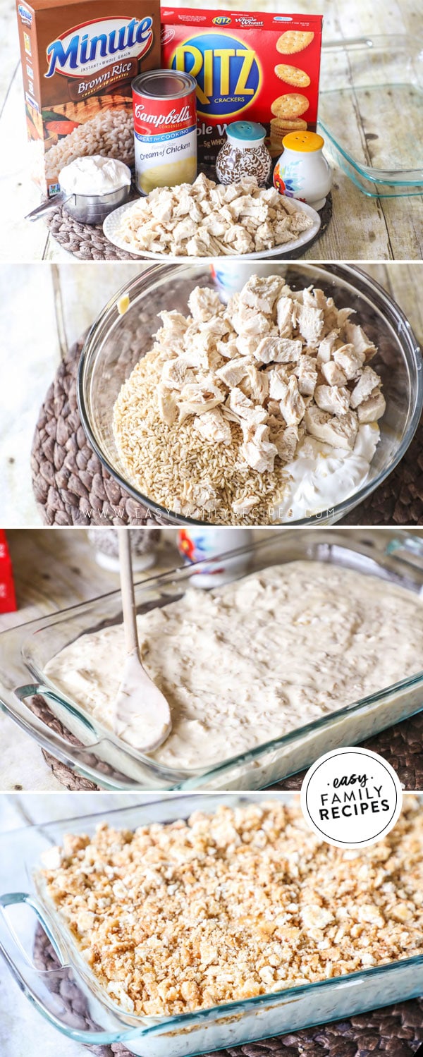 Process photos for how to make creamy chicken and rice casserole