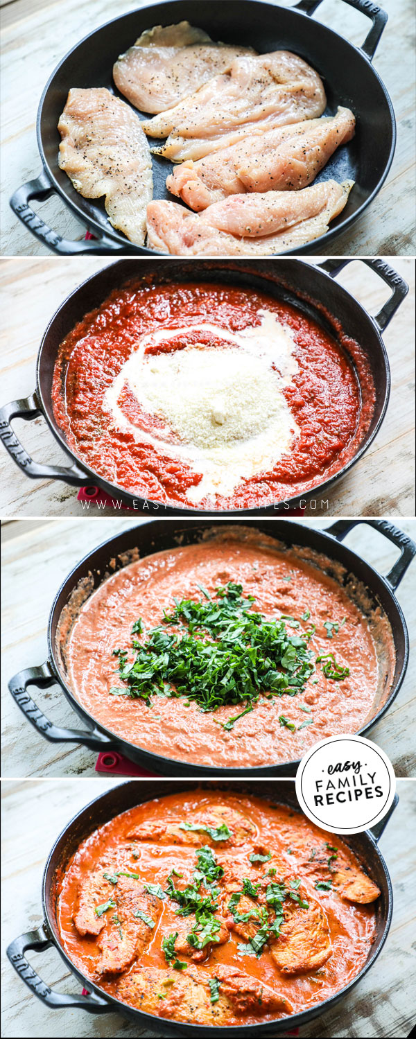 Process photos for how to make tomato basil chicken in a skillet