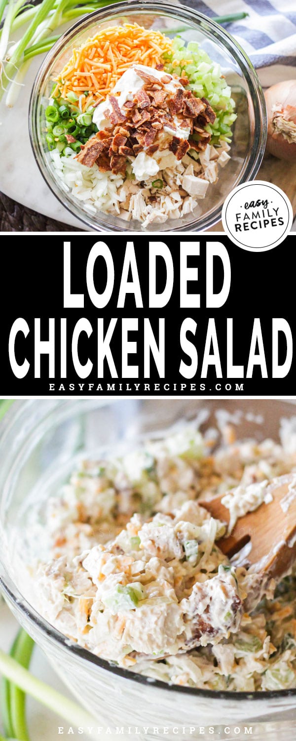 Loaded Chicken Salad in a bowl being scooped out to serve