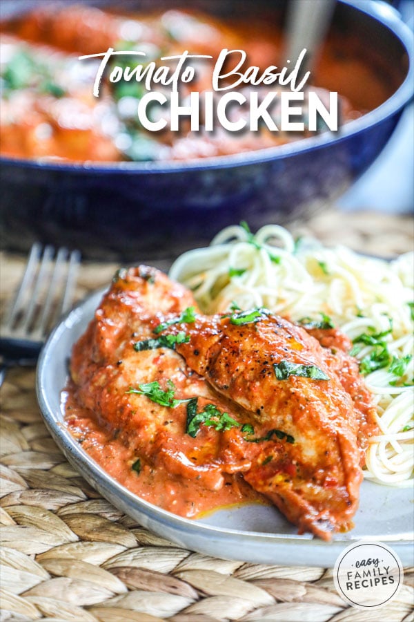 Tomato basil chicken served on a plate