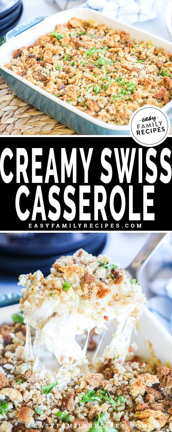 Swiss Chicken Casserole topped with stuffing