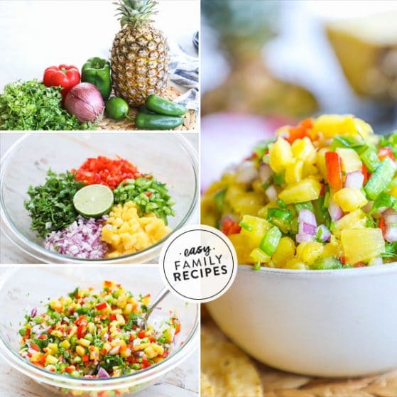 Process photos for how to make pineapple salsa