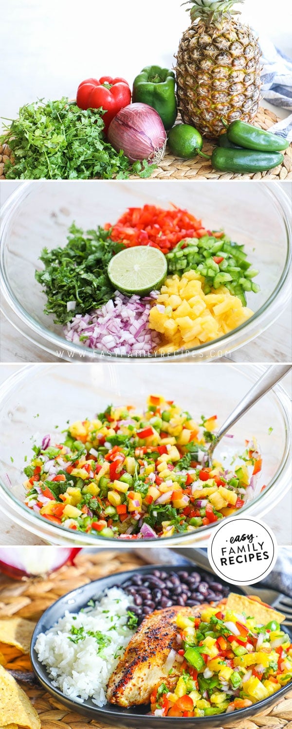 Ingredients for Pineapple Salsa including fresh pineapple, onion, red pepper, lime and cilantro