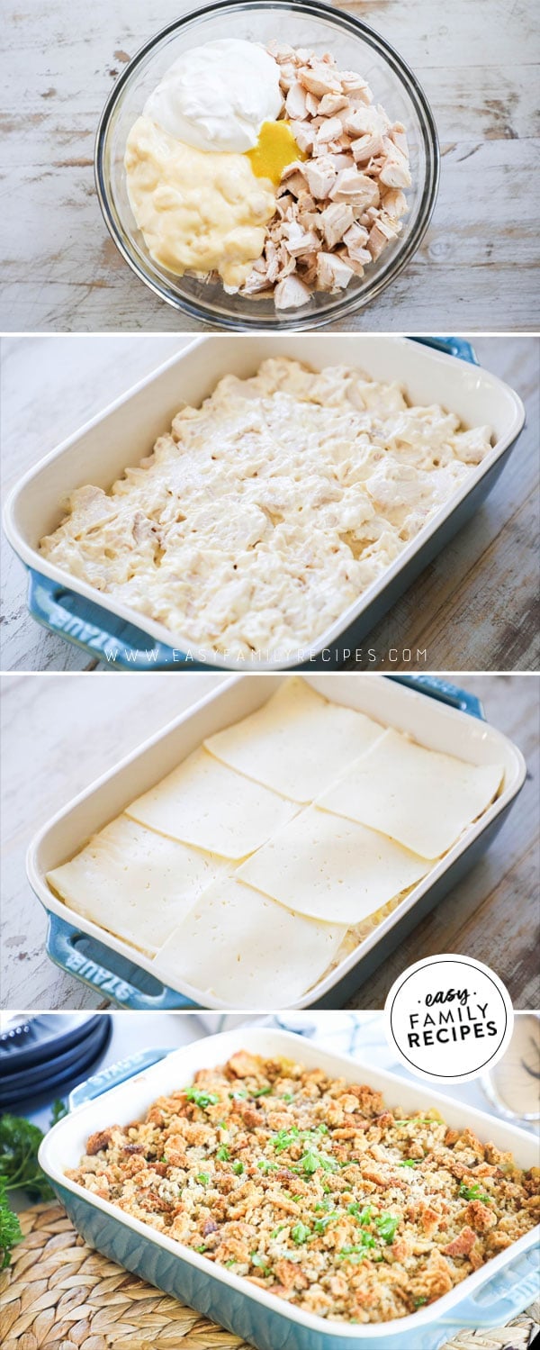 Process photos for how to make creamy swiss chicken casserole