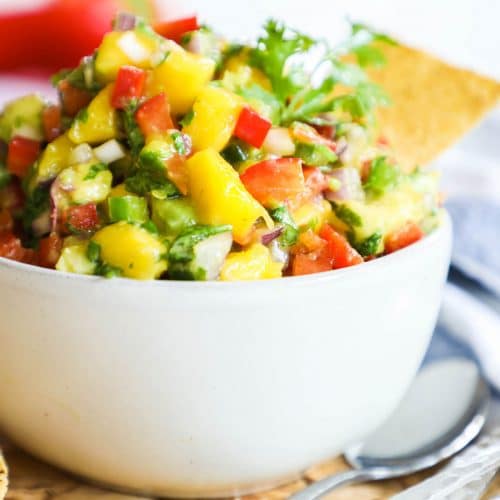Mango Avocado Salsa in a bowl served with chips