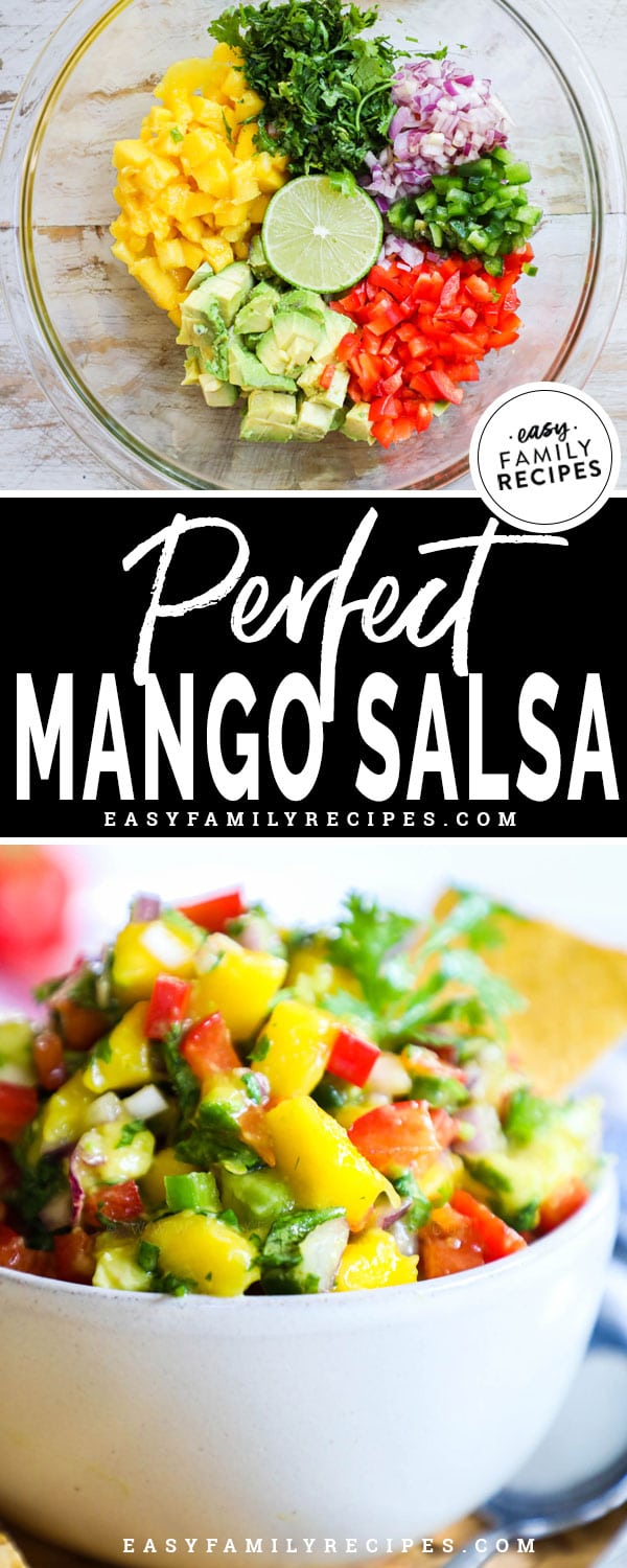 Mango Avocado Salsa Ingredients in a bowl, then mixed together and served