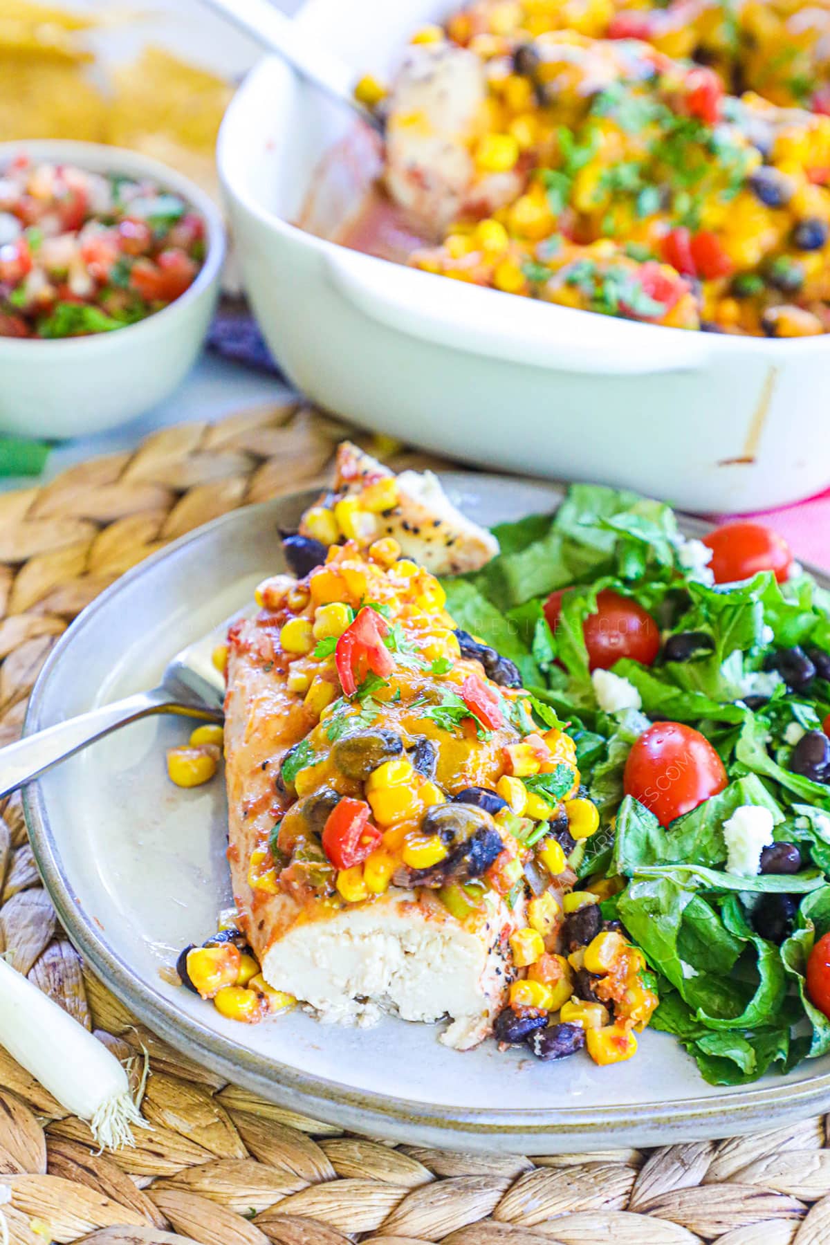 Santa Fe Chicken served with salad for easy dinner.