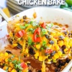 Baked Santa Fe Chicken covered with beans, corn, salsa and cheese and ready to eat for dinner.
