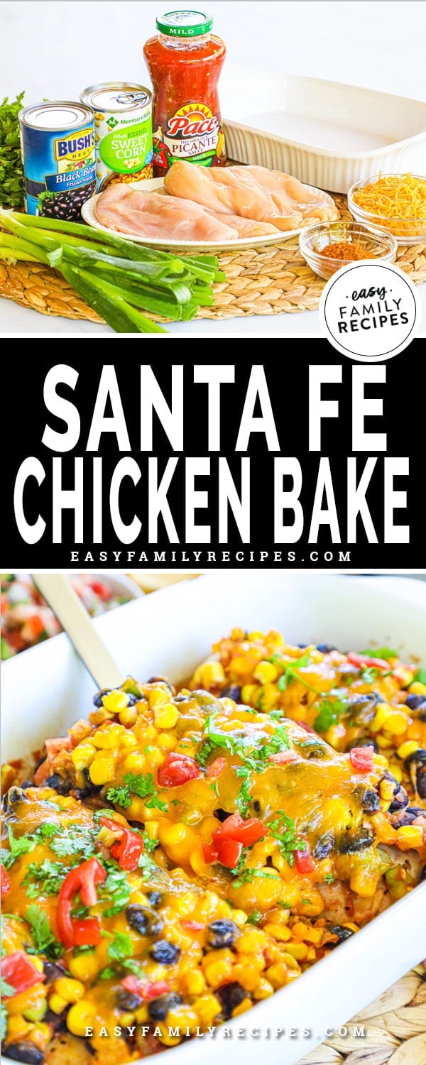 Ingredients for baked santa fe chicken including salsa, corn, black beans, peppers, green onion, cheese
